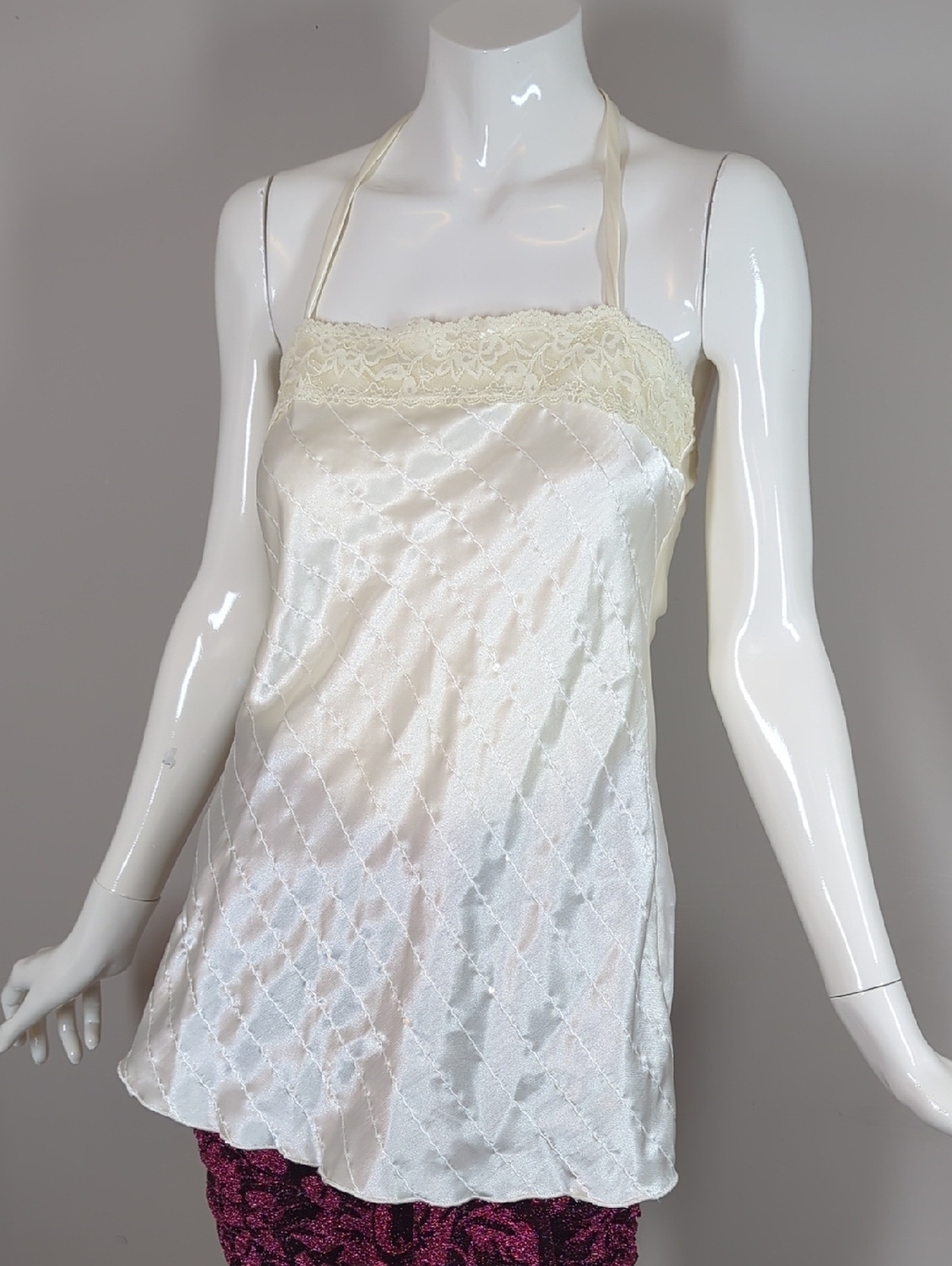 Teenie Weenie Y2K Bias Cut Cream Satin Halter Chemise with Lace Trim